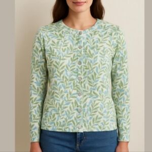 Sundance Light Blue, Green And Cream Leaf Pattern Cardigan - Size Medium